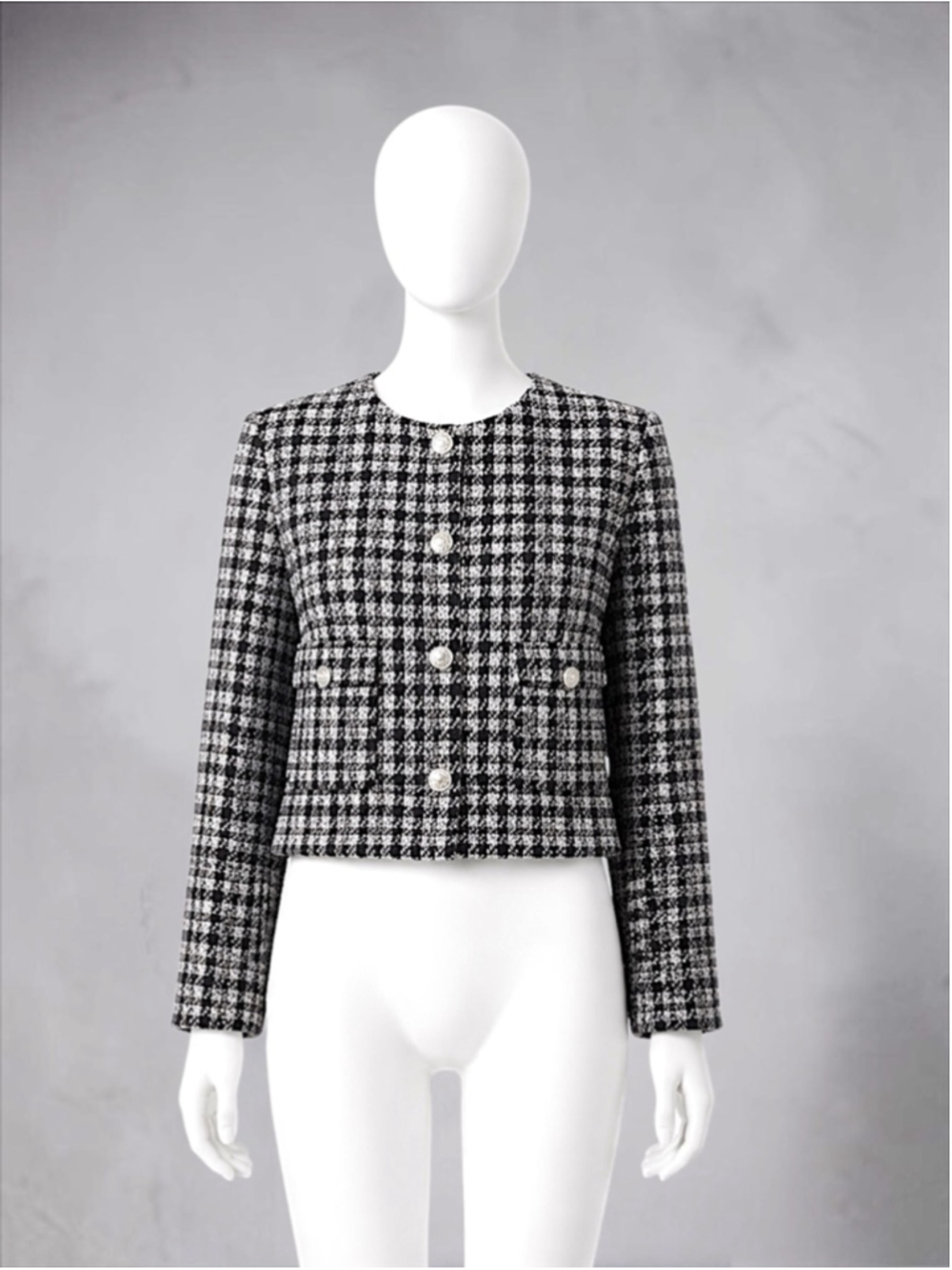 H&M Black & White Plaid Bouclé Jacket – Size M | Silver Button Detail - Picture 2 of 10